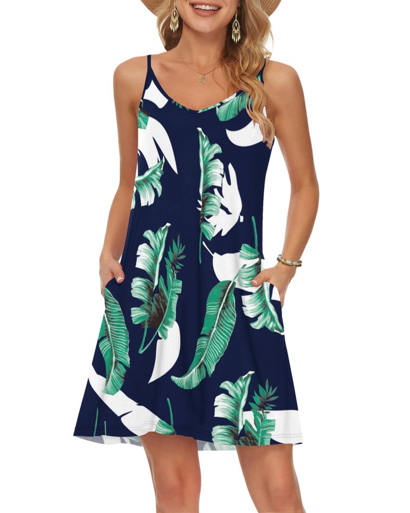 MISFAY Women's Summer Spaghetti Strap Casual Swing Tank Beach Cover Up Dress with Pockets (Print Blue,S) - Image 1